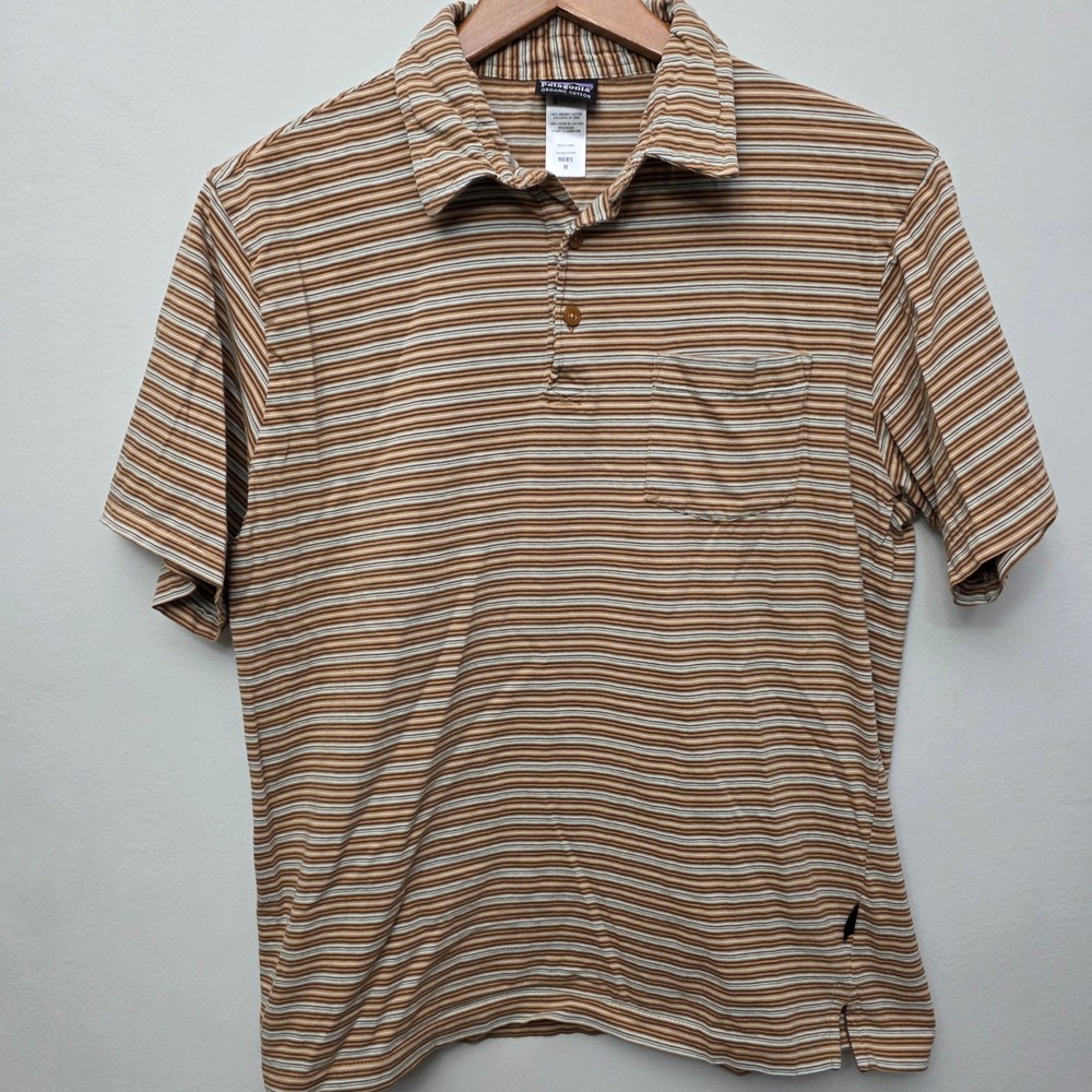 Patagonia Brown Tan White Striped Short Sleeve Polo